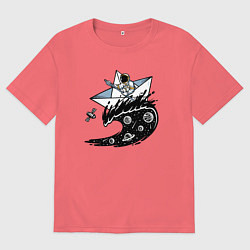 Футболка оверсайз мужская Кораблик на космической волне, цвет: коралловый