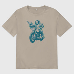 Футболка оверсайз мужская Енот с байкером на мотоцикле, цвет: миндальный