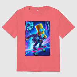 Футболка оверсайз мужская Барт Симпсон на скейтборде - неоновое свечение, цвет: коралловый