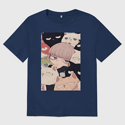 Футболка оверсайз мужская Девушка с котиками, цвет: тёмно-синий