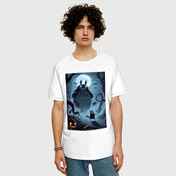 Футболка оверсайз мужская Тоторо и бегущий чёрный кот - хэллоуин, цвет: белый — фото 2