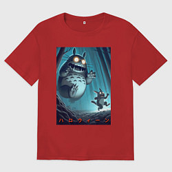 Футболка оверсайз мужская Тоторо гонится за лесным длинноухим котом - хэллоу, цвет: красный