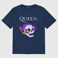 Футболка оверсайз мужская Queen - неоновый череп, цвет: тёмно-синий