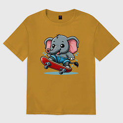 Футболка оверсайз мужская Слонёнок крутой скейтбордист - нейроарт, цвет: горчичный