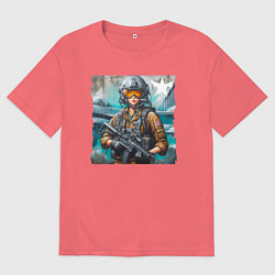 Футболка оверсайз мужская Девушка пилот с винтовкой - нейроарт, цвет: коралловый