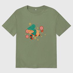 Футболка оверсайз мужская Медведь и сладости, цвет: авокадо