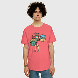 Футболка оверсайз мужская Девушка с великом, цвет: коралловый — фото 2