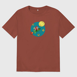 Футболка оверсайз мужская Санта Клаус летит на ракете на Луну, цвет: кирпичный