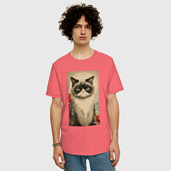 Футболка оверсайз мужская Мемный кот - японский стиль, цвет: коралловый — фото 2