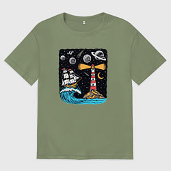 Футболка оверсайз мужская Маяк и парусник, цвет: авокадо