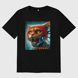 Футболка оверсайз мужская Super cyber red cat - ai art fantasy, цвет: черный