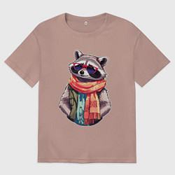 Футболка оверсайз мужская Модный енот в очках и шарфе, цвет: пыльно-розовый
