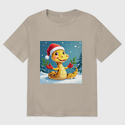 Футболка оверсайз мужская Символ 2025 нового года змея в шаке Санты, цвет: миндальный
