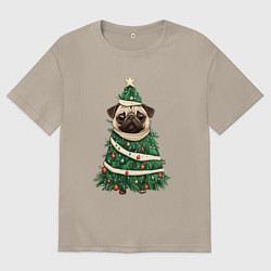 Футболка оверсайз мужская Новогодняя елка мопс, цвет: миндальный