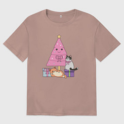 Футболка оверсайз мужская Котики под елкой, цвет: пыльно-розовый