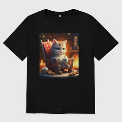 Футболка оверсайз мужская Уютный кот у камина с чашкой какао, цвет: черный