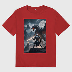 Футболка оверсайз мужская Сражение рыцаря с драконом в стиле Demons Souls, цвет: красный