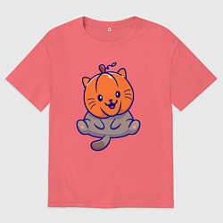 Футболка оверсайз мужская Котик и тыква, цвет: коралловый