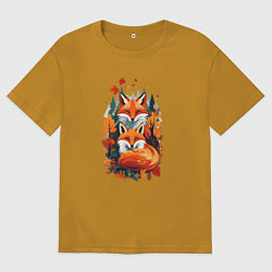 Футболка оверсайз мужская Лисы и осенний пейзаж, цвет: горчичный