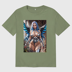 Футболка оверсайз мужская Девушка с киберимплантами крыльев, цвет: авокадо