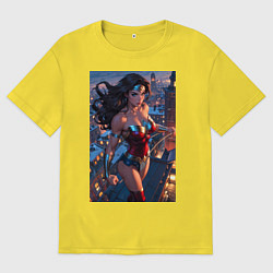 Футболка оверсайз мужская Чудо-женщина на крыше с городским фоном, цвет: желтый