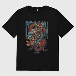 Футболка оверсайз мужская Драконы в стиле татуировки ирезуми, цвет: черный
