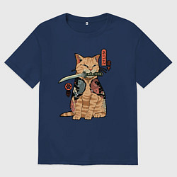 Футболка оверсайз мужская Кот самурай Якудза, цвет: тёмно-синий