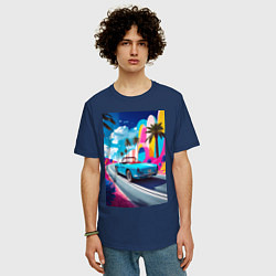 Футболка оверсайз мужская Кабриолет едет по тропическому острову, цвет: тёмно-синий — фото 2