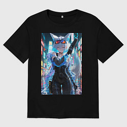 Футболка оверсайз мужская Лиса наемник в стиле Cyberpunk, цвет: черный