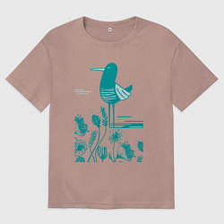 Футболка оверсайз мужская Птичка и цветы в голубом, цвет: пыльно-розовый