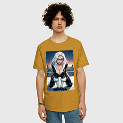 Футболка оверсайз мужская Черная кошка на крыше небоскреба, цвет: горчичный — фото 2