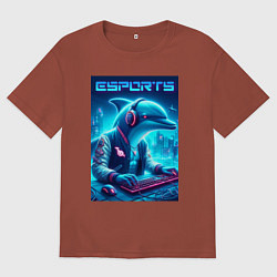 Футболка оверсайз мужская Дельфин крутой киберспортсмен - нейроарт, цвет: кирпичный