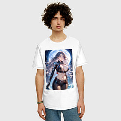 Футболка оверсайз мужская Аниме девушка в секси доспехах на фоне луны, цвет: белый — фото 2