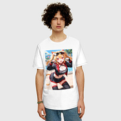 Футболка оверсайз мужская Burnice White с кошачьими ушками в позе кошки, цвет: белый — фото 2