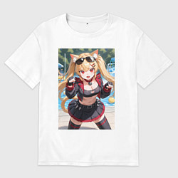 Футболка оверсайз мужская Burnice White с кошачьими ушками в позе кошки, цвет: белый