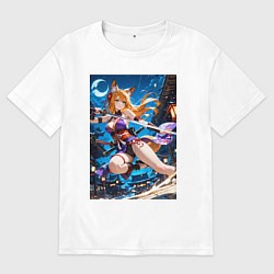 Футболка оверсайз мужская Лисица с катаной на фоне Луны, цвет: белый