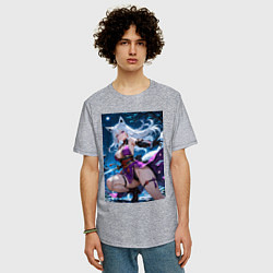 Футболка оверсайз мужская Лисица с катаной на фоне Луны, цвет: меланж — фото 2
