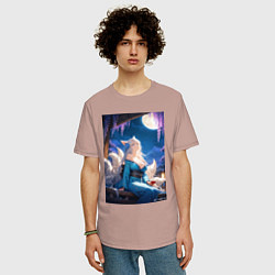 Футболка оверсайз мужская Лисица в кимоно любуется цветением глицинии, цвет: пыльно-розовый — фото 2