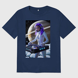Футболка оверсайз мужская Девушка космо DJ на фоне сатурна, цвет: тёмно-синий