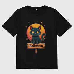 Футболка оверсайз мужская Halloween cat on sign, цвет: черный