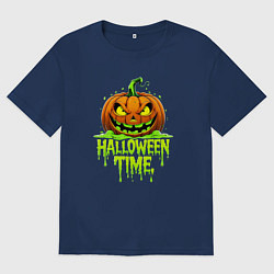 Футболка оверсайз мужская Время хэллоуина и страшная тыква, цвет: тёмно-синий