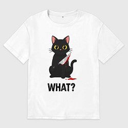 Футболка оверсайз мужская Черный котик с ножом, цвет: белый