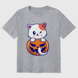 Футболка оверсайз мужская Кот в тыкве, цвет: меланж