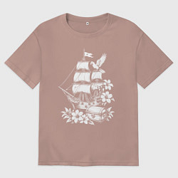 Футболка оверсайз мужская Пиратский бриг сокровища и попугаи, цвет: пыльно-розовый