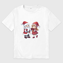 Футболка оверсайз мужская Мультяшные Дед Мороз и Снегурочка держатся за руки, цвет: белый