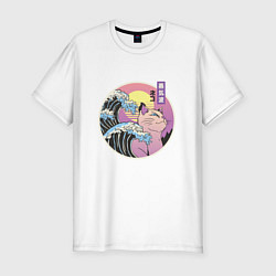 Футболка slim-fit Vaporwave Sunset Кот Самурай, цвет: белый