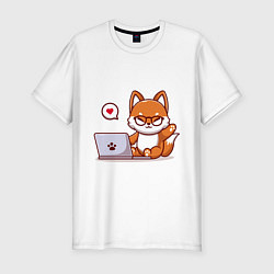 Мужская slim-футболка Cute fox and laptop