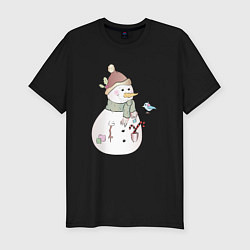Мужская slim-футболка Снеговик с птичкой
