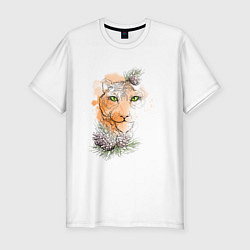 Футболка slim-fit Акварельный тигр в сосновых веточках, цвет: белый