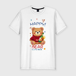 Футболка slim-fit СЧАСТЛИВЫЙ МИШКА HAPPY BEAR CUTE 100%, цвет: белый